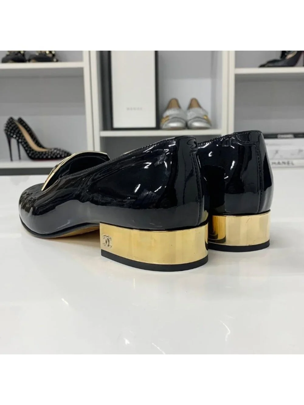 Chanel CC Logo Patent Loafers Black Gold